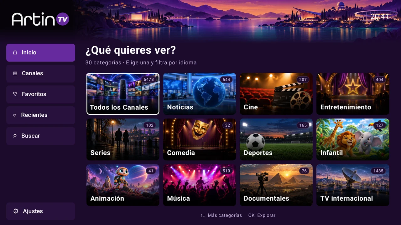 Inicio de Artin TV con categorías de canales, banner nocturno y tarjetas ilustradas